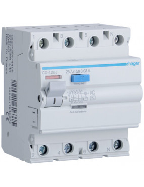 SrovÄs nuotekio relÄ Hager CD426J (AC, 25A, 4P, 30mA, 230V)