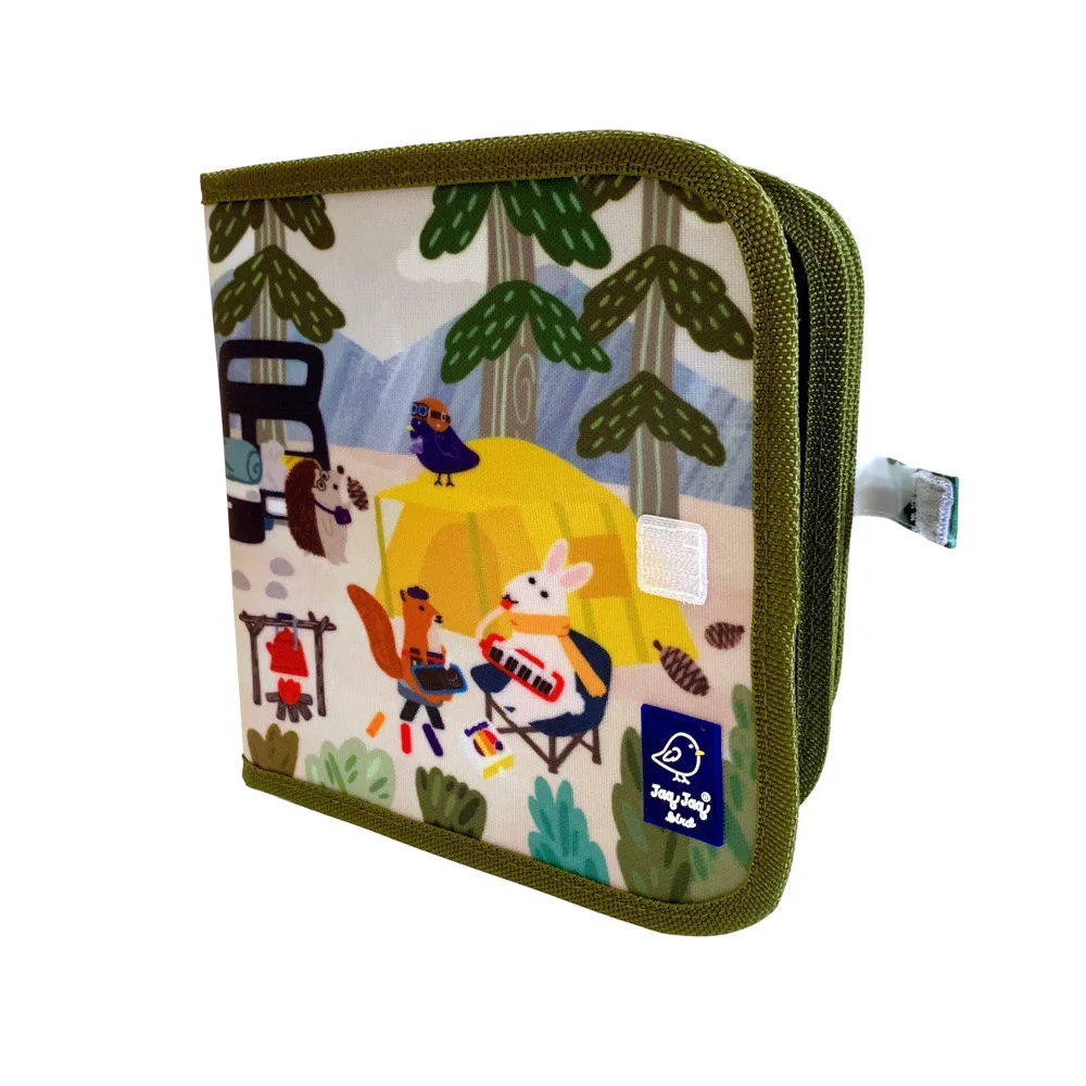 Jaq Jaq Bird piešimo knyga su netepančiomis kreidelėmis Stovyklauti