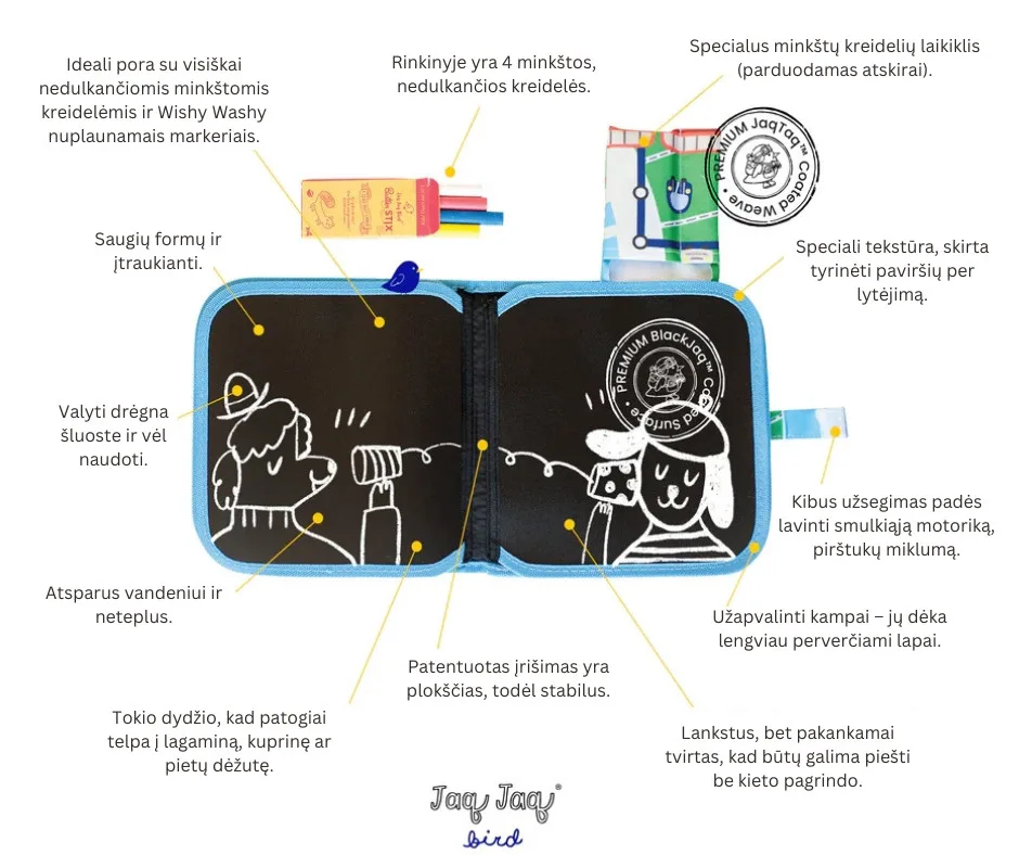 Jaq Jaq Bird piešimo knyga su netepančiomis kreidelėmis Vabaliukai