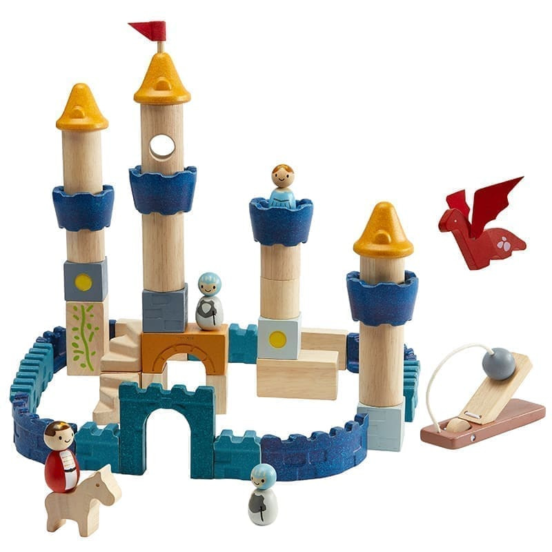 Medinės kaladėlės „Pilis“ 47 vnt rinkinys sodo spalvos PlanToys PT5543