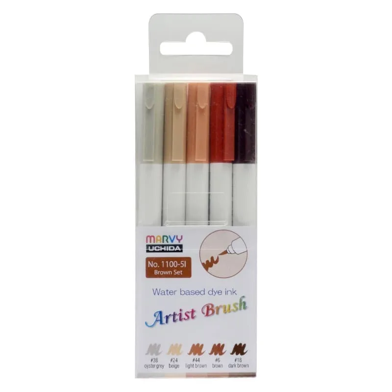 MARVY flomasteriai teptukiniu galiuku Artist Brush 1100-5I Brown 5 vnt