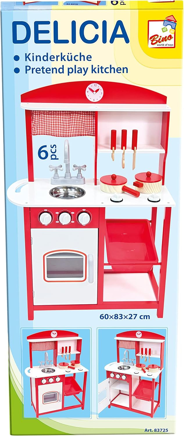 Raudona medinė virtuvėlė su priedais