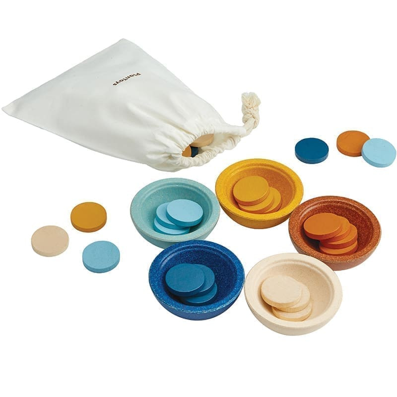 Lavinamasis žaislas rūšiavimo ir skaičiavimo indeliai PlanToys sodo spalvos PT5475