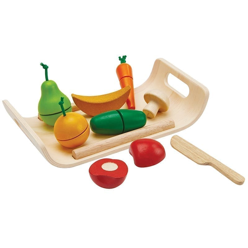 Mediniai pjaustomi vaisiai ir daržovės su padėklu PlanToys PT3416