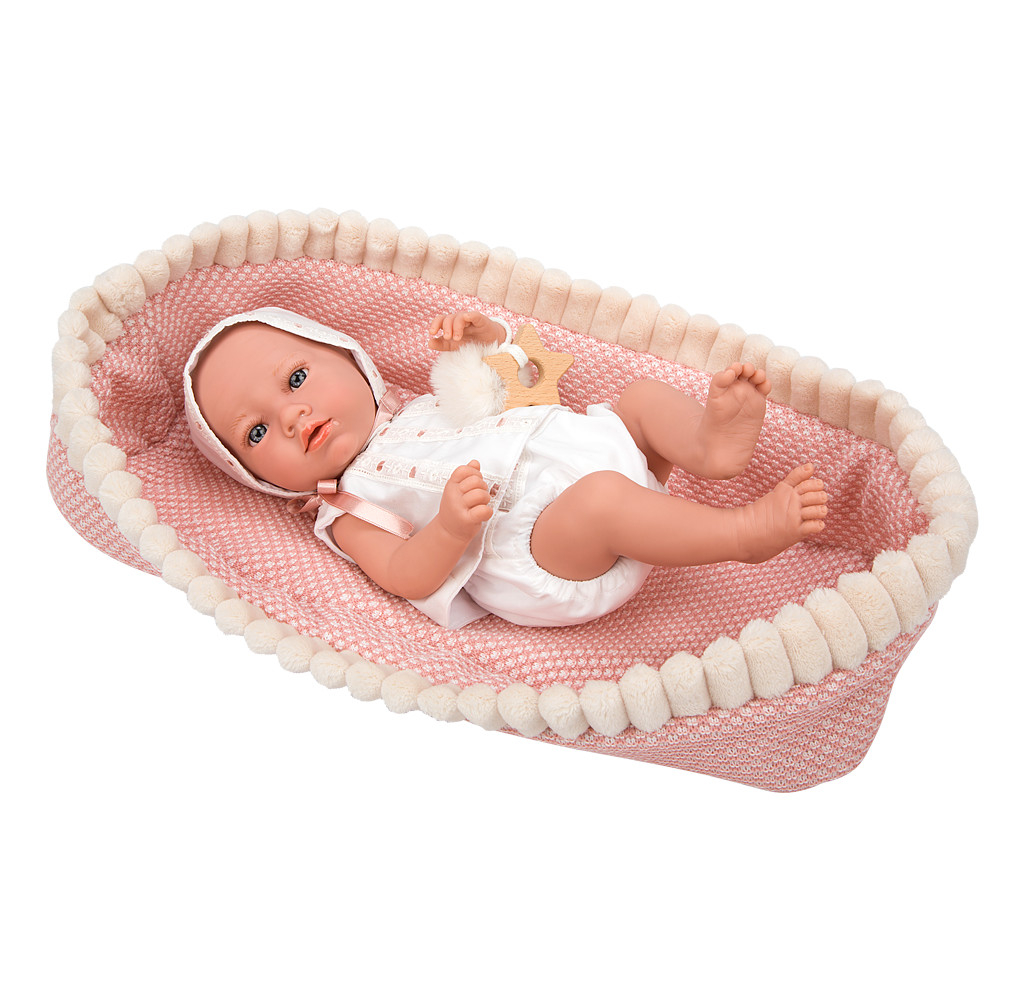 Arias kūdikėlis mergaitė su rožiniu lopšeliu 38 cm