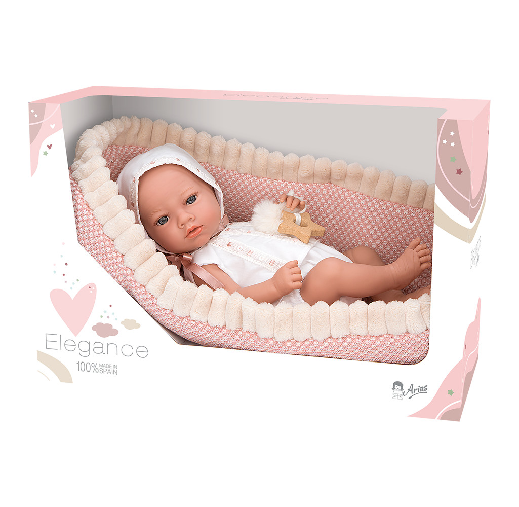 Arias kūdikėlis mergaitė su rožiniu lopšeliu 38 cm