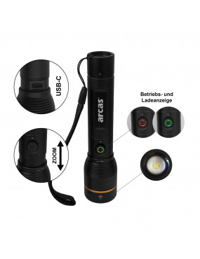 Rankinis žibintuvėlis 10W įkraunamas USB-C juodas ARCAS