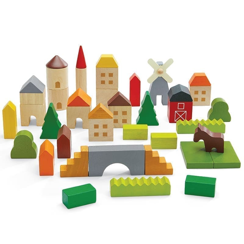 Medinės kaladėlės „Kaimas“ 42 vnt rinkinys PlanToys PT6293