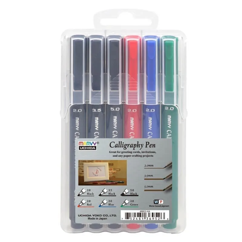 Spalvoti kaligrafiniai rašikliai Marvy Calligraphy 6000-6AX 3 skirtingų brėžių 6 vnt