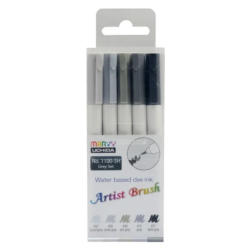 MARVY flomasteriai teptukiniu galiuku Artist Brush 1100-5H Grey 5 vnt
