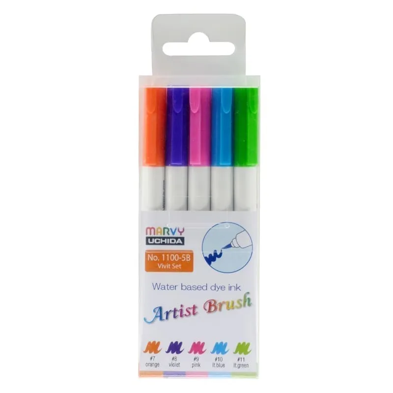 MARVY flomasteriai teptukiniu galiuku 1100-5B Artist Brush Vivid 5 vnt